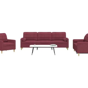 3-delige Loungeset met sierkussens stof wijnrood 3-delige Loungeset met sierkussens stof wijnrood