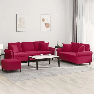 3-delige Loungeset met kussens fluweel wijnrood