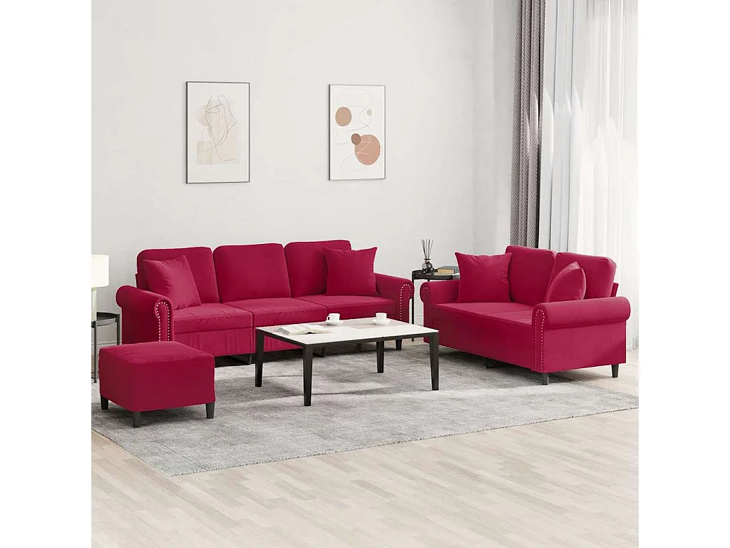 3-delige Loungeset met kussens fluweel wijnrood