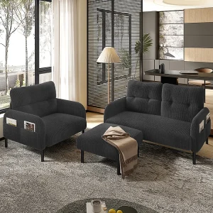 3-delige set corduroy fauteuil kruk tweezitsbank zijvak stalen frame zachte rugleuning modulair grijs