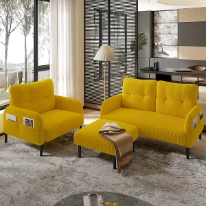 3-delige set corduroy fauteuil poef tweezitsbank met zijvakken stalen frame zachte rugleuning modulair geel