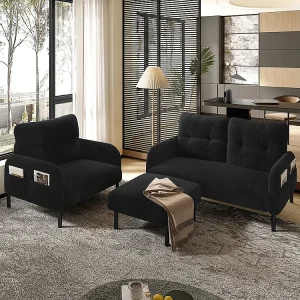 3-delige set corduroy fauteuil kruk tweezitsbank zijvak stalen frame zachte rugleuning modulair woonkamer zwart