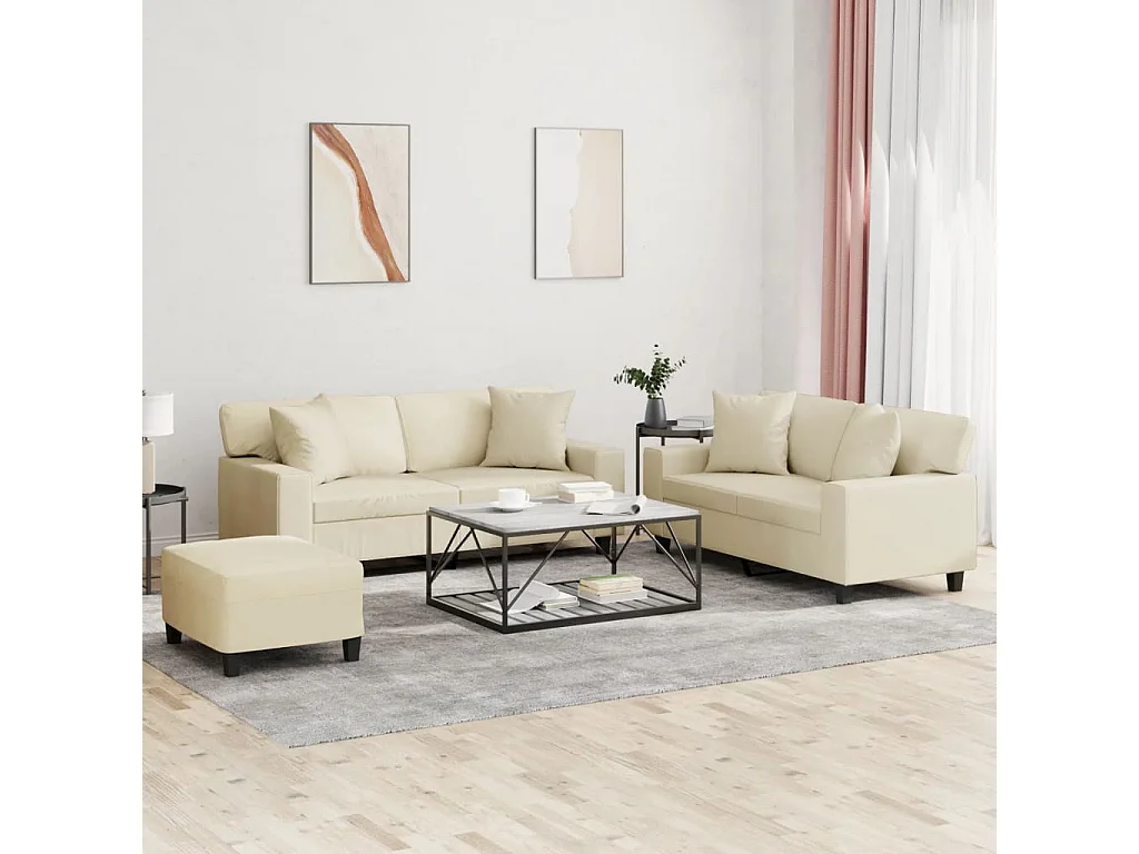 3-delige Loungeset met kussens kunstleer crèmekleurig