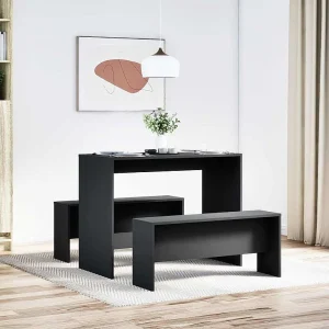 3-delige Eettafel en bankenset bewerkt hout zwart 3-delige Eettafel en bankenset bewerkt hout zwart