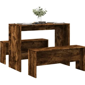 3-delige Eettafel en bankenset bewerkt hout gerookt eikenkleur 3-delige Eettafel en bankenset bewerkt hout gerookt eikenkleur