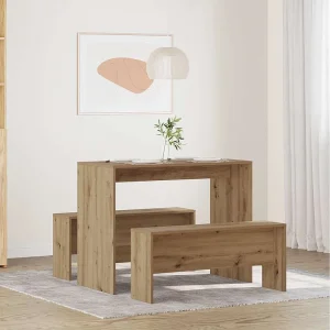 3-delige Eettafel en bankenset bewerkt hout artisanaal eiken 3-delige Eettafel en bankenset bewerkt hout artisanaal eiken
