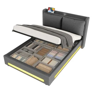 140x200cm Opbergbed met USB-C, LED-lampje en afneembaar kussen – Donkergrijze linnen stof – Matras niet inbegrepen