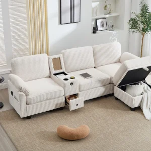 4-zits hoekbank – Modulaire bank – Middenconsole met twee USB-poorten (USB + Type-C) – Voetensteun met opbergruimte – Voor woonkamer, kantoor 4-zits hoekbank – Modulaire bank – Middenconsole met twee USB-poorten (USB + Type-C) – Voetensteun met opbergruimte – Voor woonkamer, kantoor