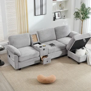 4-zits hoekbank – Modulaire bank – Middenconsole met twee USB-poorten (USB + Type-C) – Voetensteun met opbergruimte – Voor woonkamer, kantoor 4-zits hoekbank – Modulaire bank – Middenconsole met twee USB-poorten (USB + Type-C) – Voetensteun met opbergruimte – Voor woonkamer, kantoor