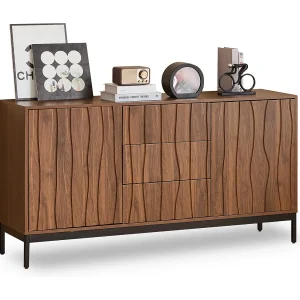 150cm donker eiken dressoir met nerf, 3 laden, Mid-Century design, voor keuken en woonkamer
