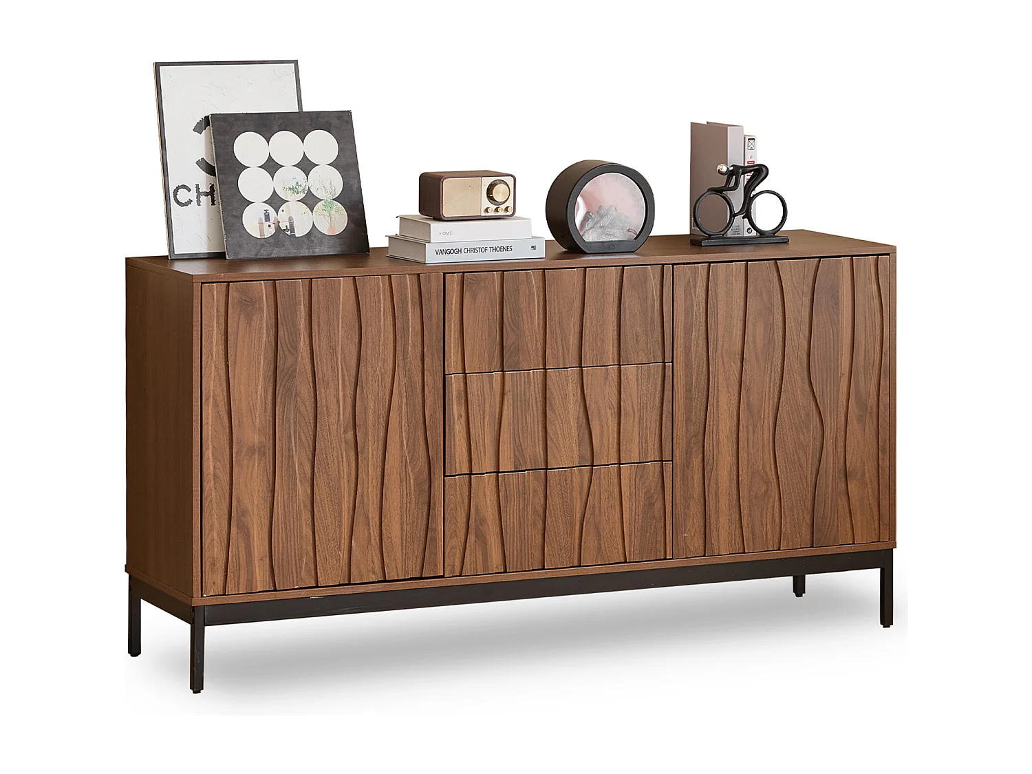 150cm donker eiken dressoir met nerf, 3 laden, Mid-Century design, voor keuken en woonkamer