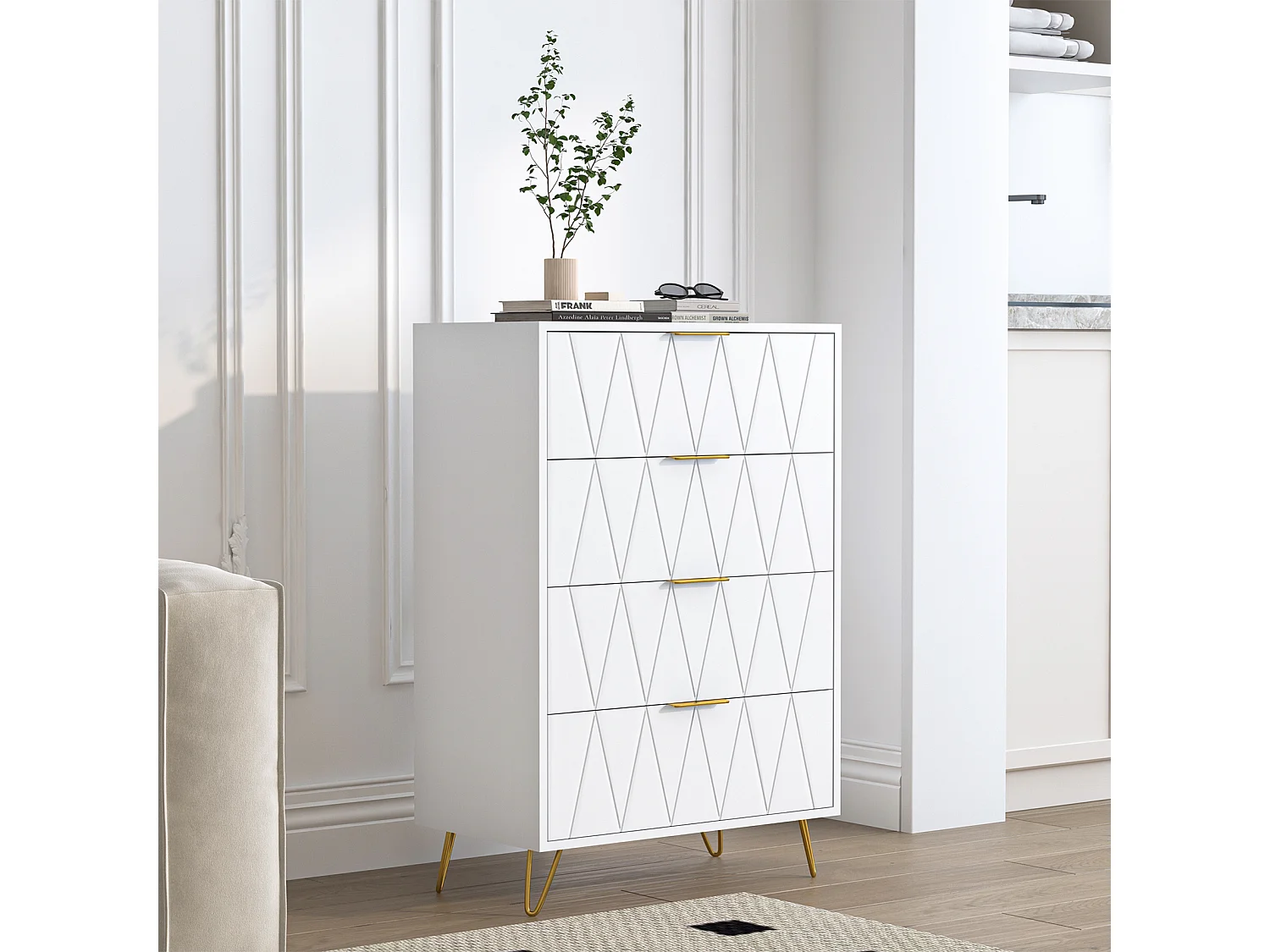 4-ladenkast, grote opbergkast met metalen poten - White Diamond