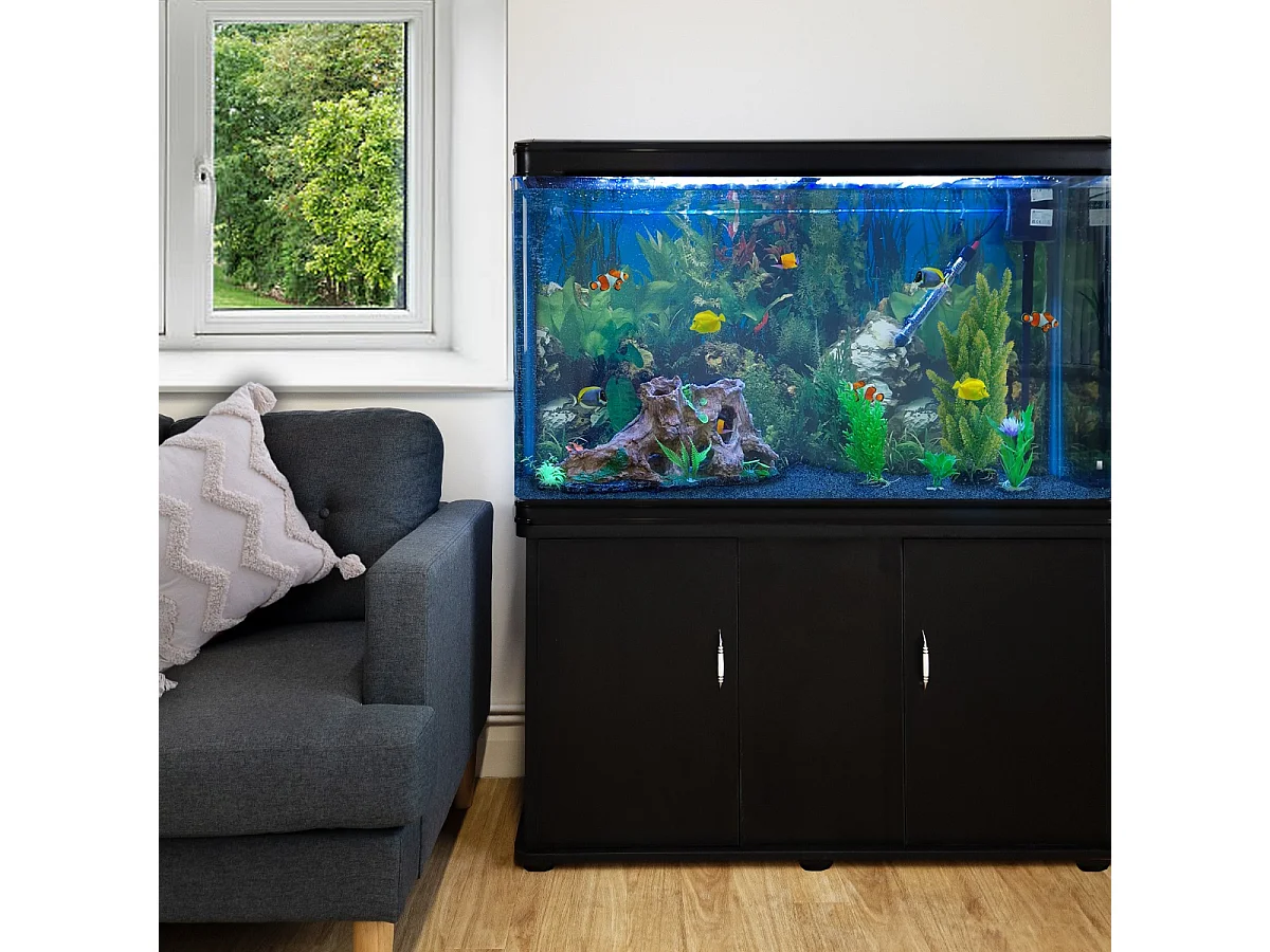 Aquarium 300 L Zwart + Meubel - Starterset - blauw grind