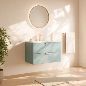 Zwevend badkamermeubel, enkele vierkante opzetwastafel en kraan, saliegroen, B80 cm, AVORELI