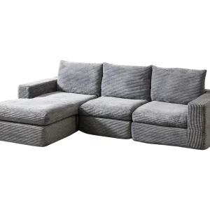 3-zits hoekbank met chaise longue en 3 kussens – Donkergrijs corduroy 3-zits hoekbank met chaise longue en 3 kussens – Donkergrijs corduroy