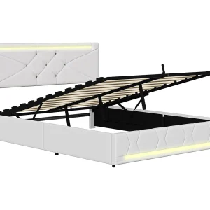 140 x 190 cm Opbergbed met lattenbodem, gestoffeerd tweepersoonsbed met LED en USB, linnen, beige 140 x 190 cm Opbergbed met lattenbodem, gestoffeerd tweepersoonsbed met LED en USB, linnen, beige