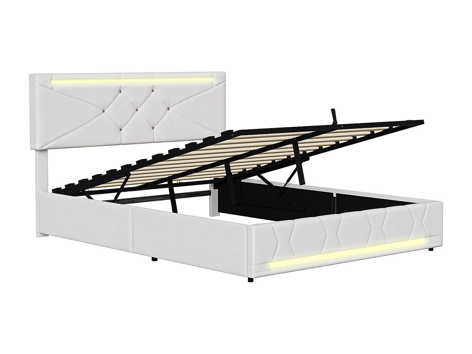 140 x 190 cm Opbergbed met lattenbodem, gestoffeerd tweepersoonsbed met LED en USB, linnen, beige