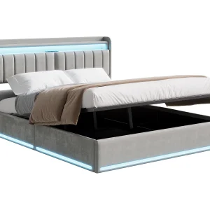 140 x 190 cm Opbergbed met LED en USB-poort, Tweepersoonsbed met opbergruimte en hoofdeinde, Fluweel, Grijs 140 x 190 cm Opbergbed met LED en USB-poort, Tweepersoonsbed met opbergruimte en hoofdeinde, Fluweel, Grijs