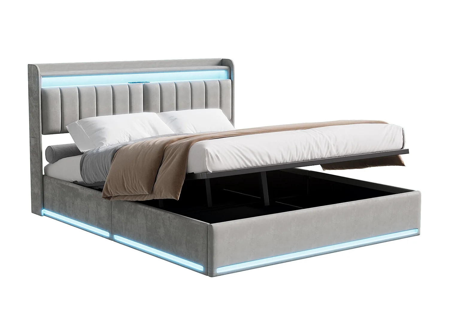 140 x 190 cm Opbergbed met LED en USB-poort, Tweepersoonsbed met opbergruimte en hoofdeinde, Fluweel, Grijs