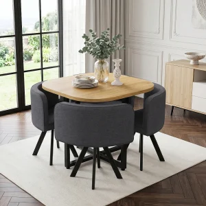 5-delige tafel- en stoelenset – met 1 tafel (85 x 85 cm) + 4 stoelen – Linnen + MDF – grijs + naturel 5-delige tafel- en stoelenset – met 1 tafel (85 x 85 cm) + 4 stoelen – Linnen + MDF – grijs + naturel