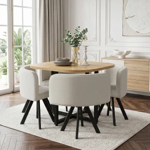 5-delige tafel- en stoelenset – met 1 tafel (85 x 85 cm) + 4 stoelen – Linnen + MDF – beige + naturel 5-delige tafel- en stoelenset – met 1 tafel (85 x 85 cm) + 4 stoelen – Linnen + MDF – beige + naturel