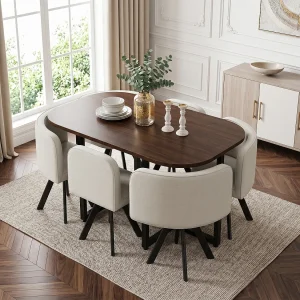 7-delige tafel- en stoelenset – met 1 tafel (140 x 90 cm) + 6 stoelen – Linnen + MDF – beige + bruin 7-delige tafel- en stoelenset – met 1 tafel (140 x 90 cm) + 6 stoelen – Linnen + MDF – beige + bruin