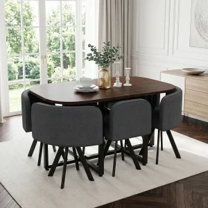 7-delige tafel- en stoelenset – met 1 tafel (140 x 90 cm) + 6 stoelen – Linnen + MDF – grijs + bruin 7-delige tafel- en stoelenset – met 1 tafel (140 x 90 cm) + 6 stoelen – Linnen + MDF – grijs + bruin