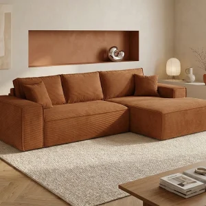 Rechte hoekslaapbank express ribbelfluweel terracotta slaapoppervlak 140 cm AMELIA