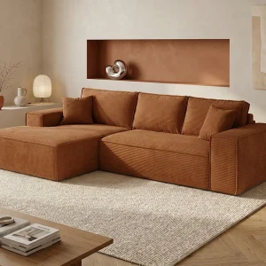 Linkse hoekbank express slaapbank terracotta ribfluweel Slaapoppervlak 140 cm AMELIA Linkse hoekbank express slaapbank terracotta ribfluweel Slaapoppervlak 140 cm AMELIA