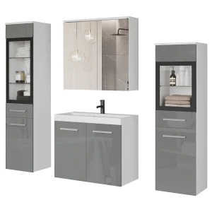 Badkamer set hangend met wastafel, 2 kolomkasten en spiegelkast, corpus wit mat / fronten grijs hoogglans