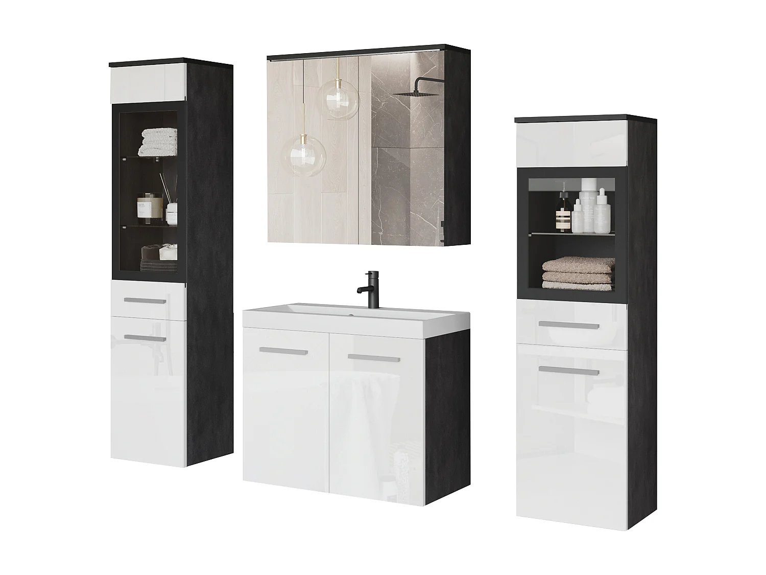Badkamer set hangend met wastafel, 2 kolomkasten en spiegelkast, corpus matera mat / fronten wit hoogglans
