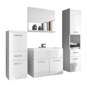 Moderne badmeubels, hangende set met wastafel, spiegel en kolomkasten, corpus wit mat / fronten wit hoogglans Moderne badmeubels, hangende set met wastafel, spiegel en kolomkasten, corpus wit mat / fronten wit hoogglans
