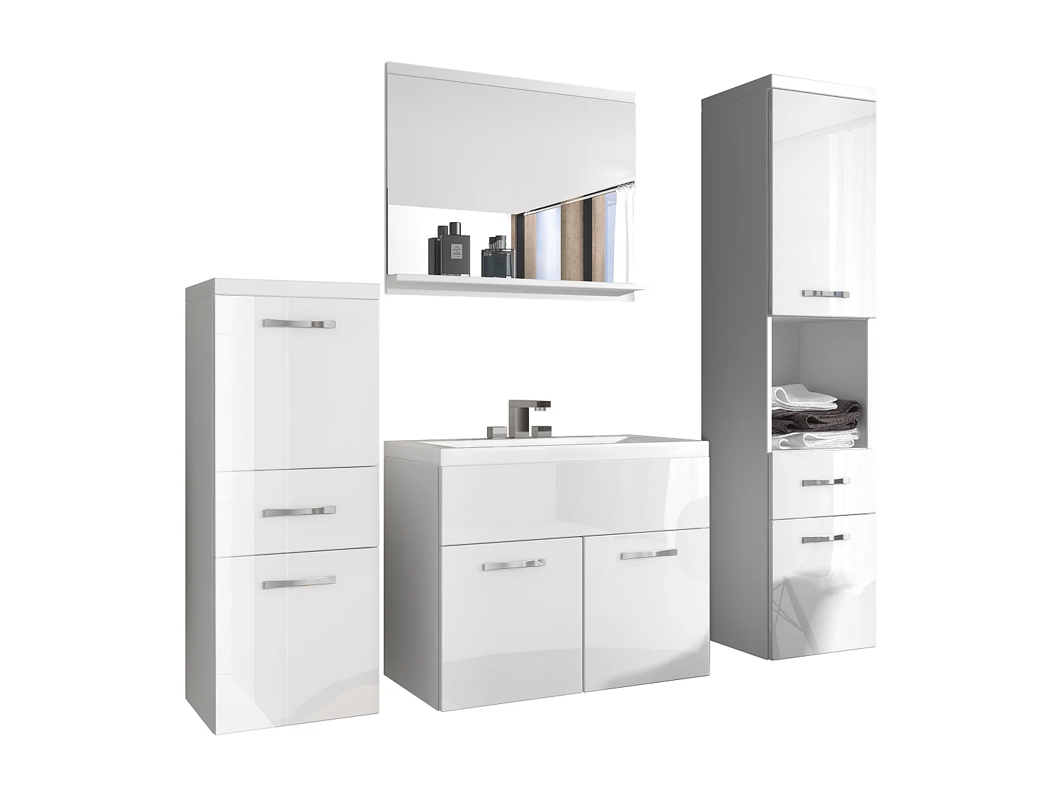 Moderne badmeubels, hangende set met wastafel, spiegel en kolomkasten, corpus wit mat / fronten wit hoogglans