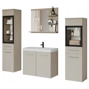 Badkamermeubelset met LED, hangende meubels met wastafel, 2 kolomkasten en spiegel met planken, beige kasjmier Badkamermeubelset met LED, hangende meubels met wastafel, 2 kolomkasten en spiegel met planken, beige kasjmier