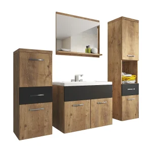 Moderne badmeubels, hangende set met wastafel, spiegel en kolomkasten, kastanje / zwart grafiet mat Moderne badmeubels, hangende set met wastafel, spiegel en kolomkasten, kastanje / zwart grafiet mat