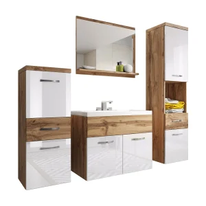 Moderne badmeubels, hangende set met wastafel, spiegel en kolomkasten, corpus eiken wotan mat / fronten wit hoogglans Moderne badmeubels, hangende set met wastafel, spiegel en kolomkasten, corpus eiken wotan mat / fronten wit hoogglans