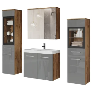 Badkamer set hangend met wastafel, 2 kolomkasten en spiegelkast, corpus kastanje mat / fronten grijs hoogglans