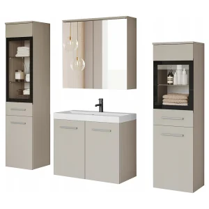 Badkamermeubels met LED, hangende set met wastafel, 2 kolomkasten en spiegelkast, beige kasjmier