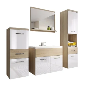Moderne badmeubels, hangende set met wastafel, spiegel en kolomkasten, corpus sonoma mat / fronten wit hoogglans Moderne badmeubels, hangende set met wastafel, spiegel en kolomkasten, corpus sonoma mat / fronten wit hoogglans