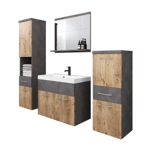 Moderne badmeubels, hangende set met wastafel, spiegel en kolomkasten, matera / kastanje mat Moderne badmeubels, hangende set met wastafel, spiegel en kolomkasten, matera / kastanje mat