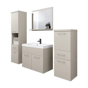 Moderne badmeubels, hangende set met wastafel, spiegel en kolomkasten, kasjmierbeige mat Moderne badmeubels, hangende set met wastafel, spiegel en kolomkasten, kasjmierbeige mat