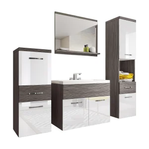 Moderne badmeubels, hangende set met wastafel, spiegel en kolomkasten, corpus bodega mat / fronten wit hoogglans Moderne badmeubels, hangende set met wastafel, spiegel en kolomkasten, corpus bodega mat / fronten wit hoogglans