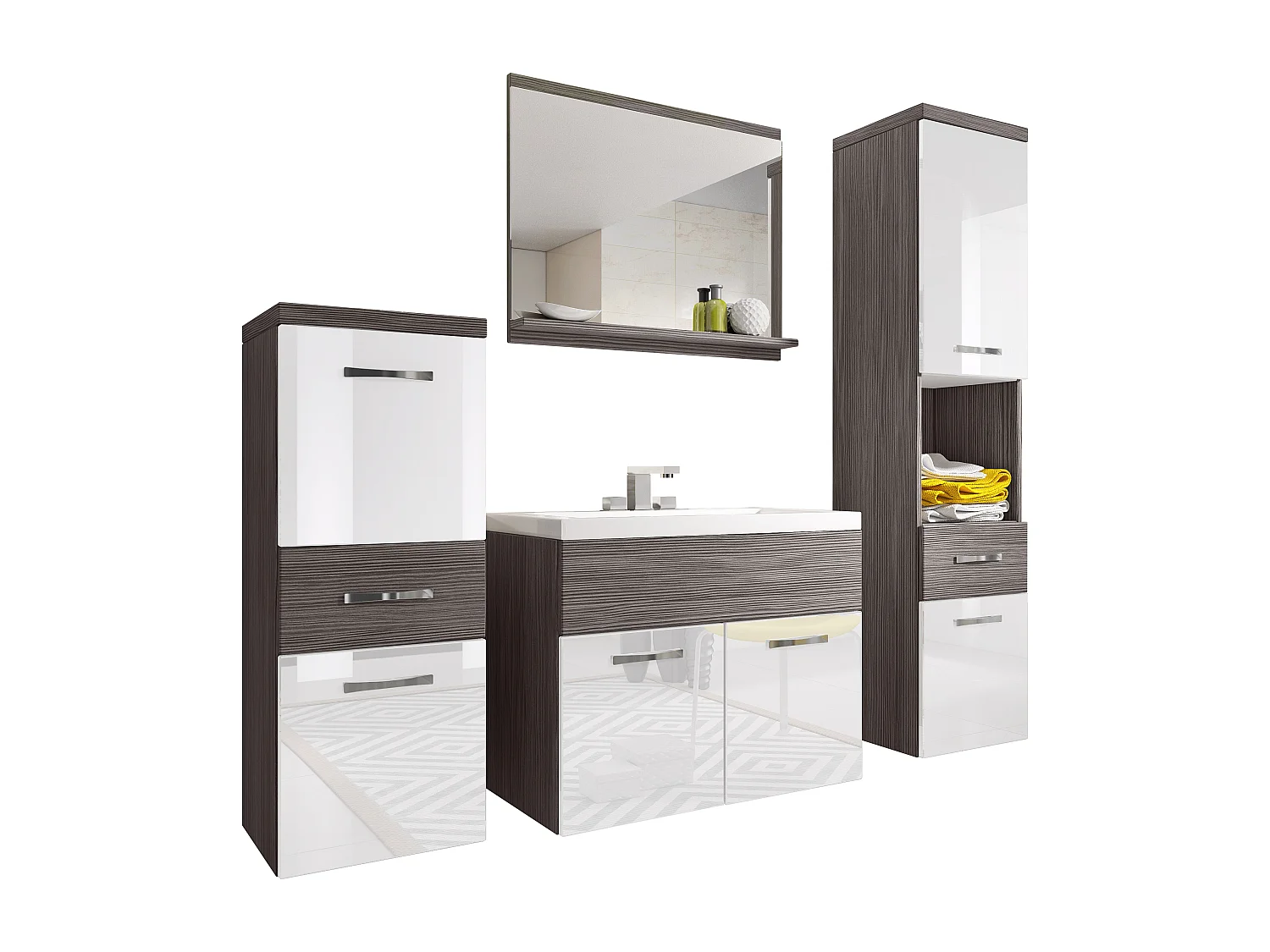 Moderne badmeubels, hangende set met wastafel, spiegel en kolomkasten, corpus bodega mat / fronten wit hoogglans