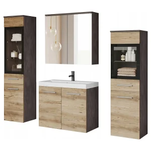 Badkamer set hangend met wastafel, 2 kolomkasten en spiegelkast, matera / kastanje mat