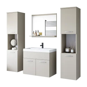 Badkamerset hangend met wastafel, spiegel en 2 kolomkasten, kashmir beige mat