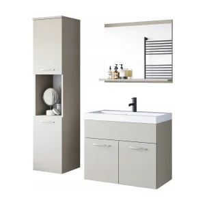 Badkamerset hangend met wastafel, spiegel en kolomkasten, kashmir beige mat