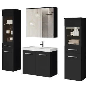 Badkamer set hangend met wastafel, 2 kolomkasten en spiegelkast, zwart grafiet mat