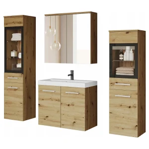Badkamer set hangend met wastafel, 2 kolomkasten en spiegelkast, eiken artisan mat