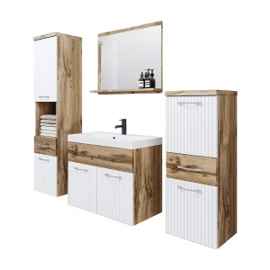 Moderne badkamermeubels, hangende set met wastafel, spiegel en kolomkasten, mat corpus / gefreesde MDF-fronten Moderne badkamermeubels, hangende set met wastafel, spiegel en kolomkasten, mat corpus / gefreesde MDF-fronten