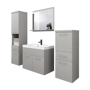 Moderne badmeubels, hangende set met wastafel, spiegel en kolomkasten, grijs pallad mat Moderne badmeubels, hangende set met wastafel, spiegel en kolomkasten, grijs pallad mat
